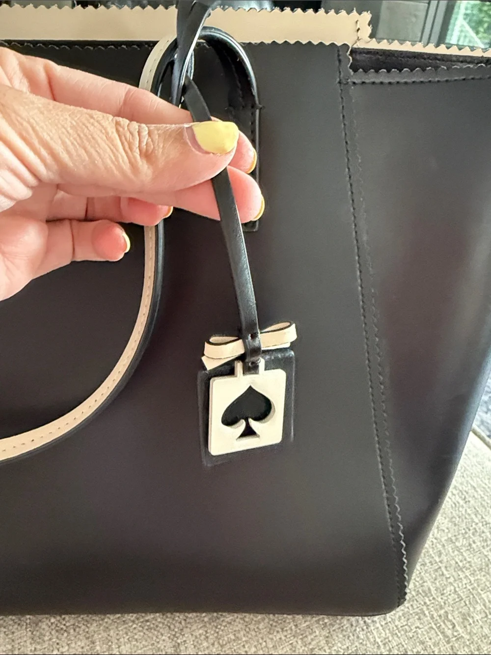 kate spade Black Leather Tote with Gold Logo Accent